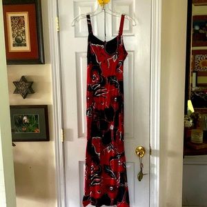 Hawaii Summer Maxi Dress, Rayon.  Red & Black Tropical Pattern.  From Maui.